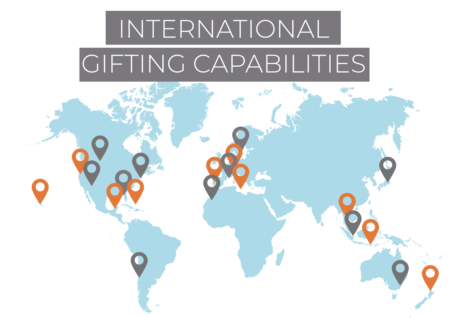 International Gifting Capabilties text over outline of a world map with pins marking multiple countries across the globe that Global Evento has hosted events in.